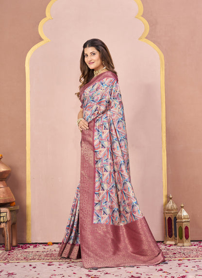 Gajari Tussar Silk Jacquard Abstract Digital Print Saree with Unstitched Blouse