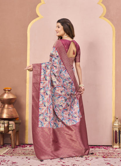 Gajari Tussar Silk Jacquard Abstract Digital Print Saree with Unstitched Blouse