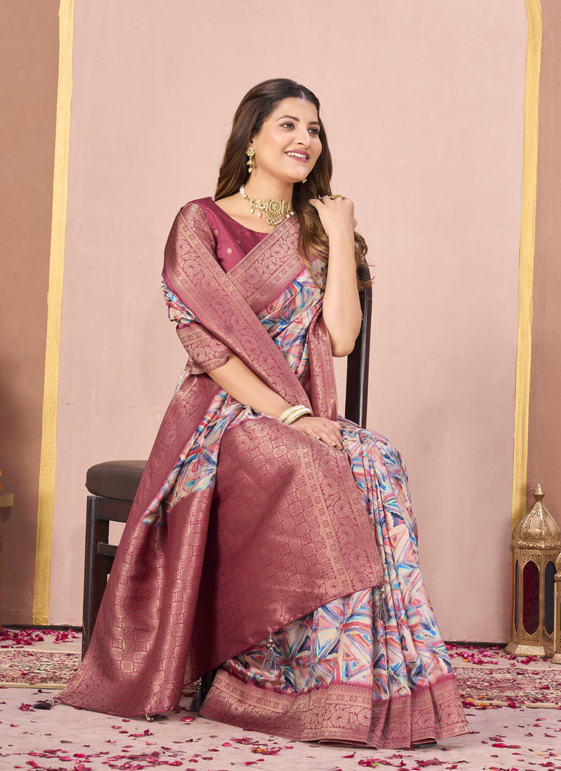 Gajari Tussar Silk Jacquard Abstract Digital Print Saree with Unstitched Blouse