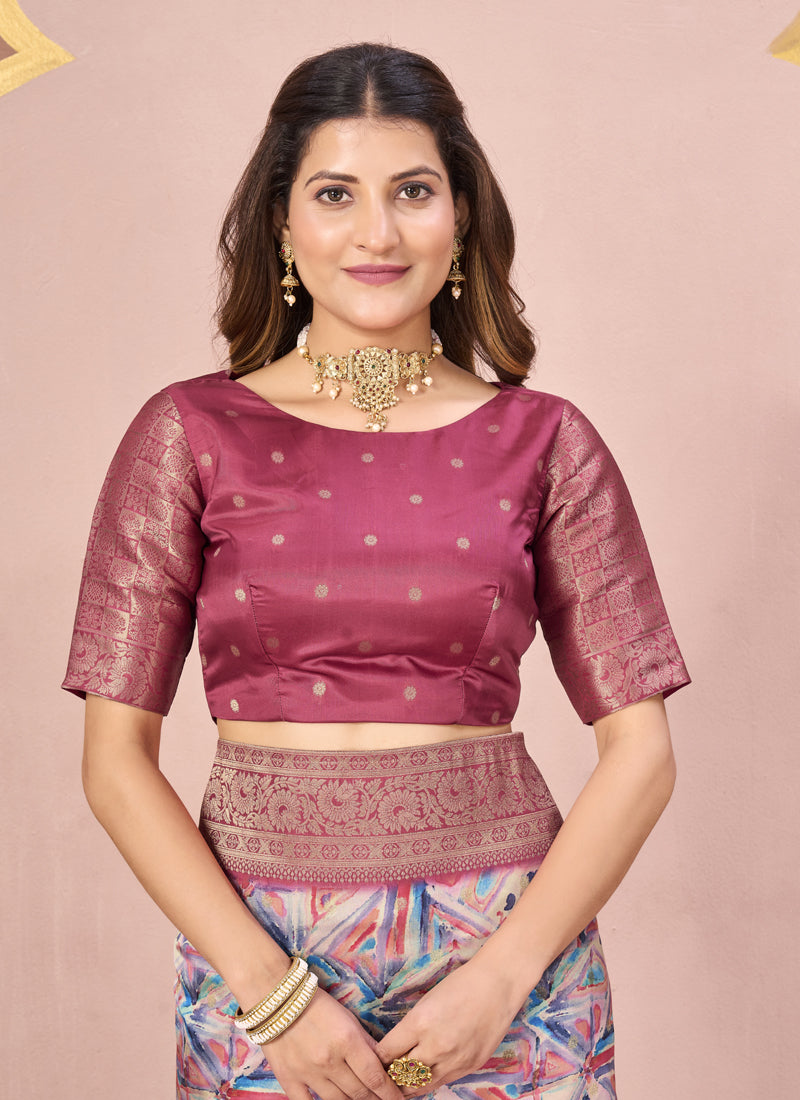 Gajari Tussar Silk Jacquard Abstract Digital Print Saree with Unstitched Blouse