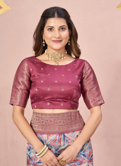 Gajari Tussar Silk Jacquard Abstract Digital Print Saree with Unstitched Blouse