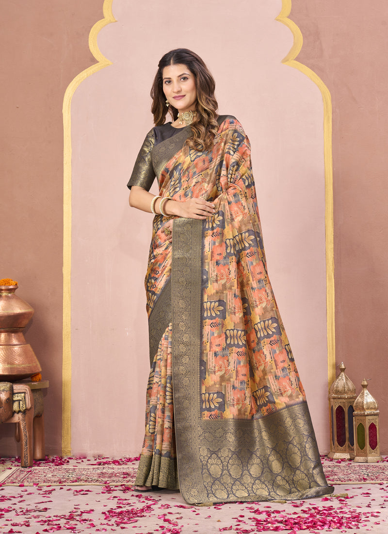 Grey Tussar Silk Jacquard Abstract Digital Print Saree with Unstitched Blouse