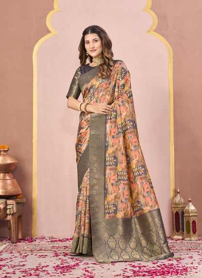 Grey Tussar Silk Jacquard Abstract Digital Print Saree with Unstitched Blouse