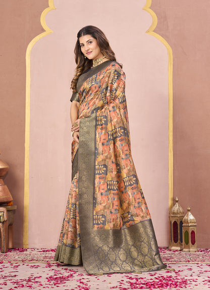 Grey Tussar Silk Jacquard Abstract Digital Print Saree with Unstitched Blouse