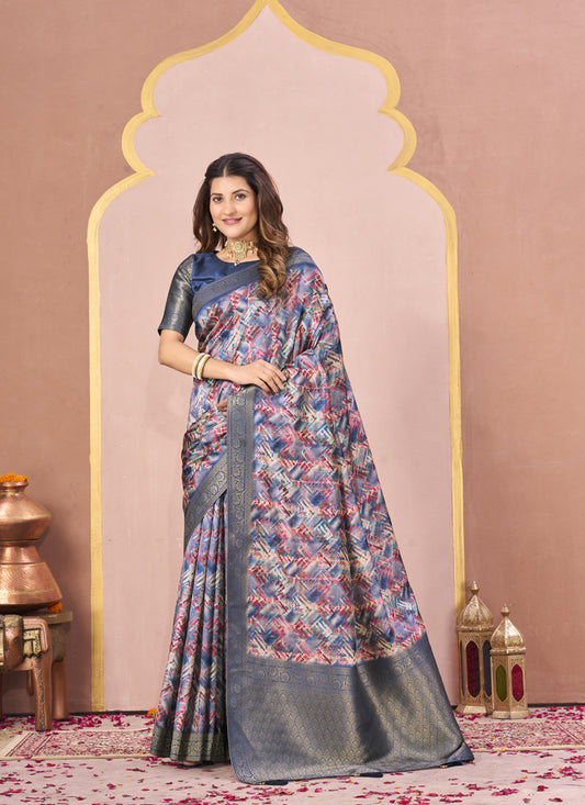 Blue Tussar Silk Jacquard Abstract Digital Print Saree with Unstitched Blouse