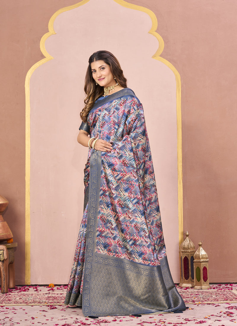Blue Tussar Silk Jacquard Abstract Digital Print Saree with Unstitched Blouse