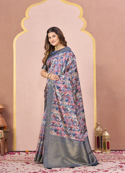 Blue Tussar Silk Jacquard Abstract Digital Print Saree with Unstitched Blouse