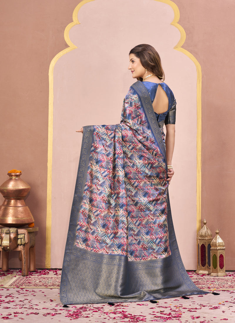 Blue Tussar Silk Jacquard Abstract Digital Print Saree with Unstitched Blouse