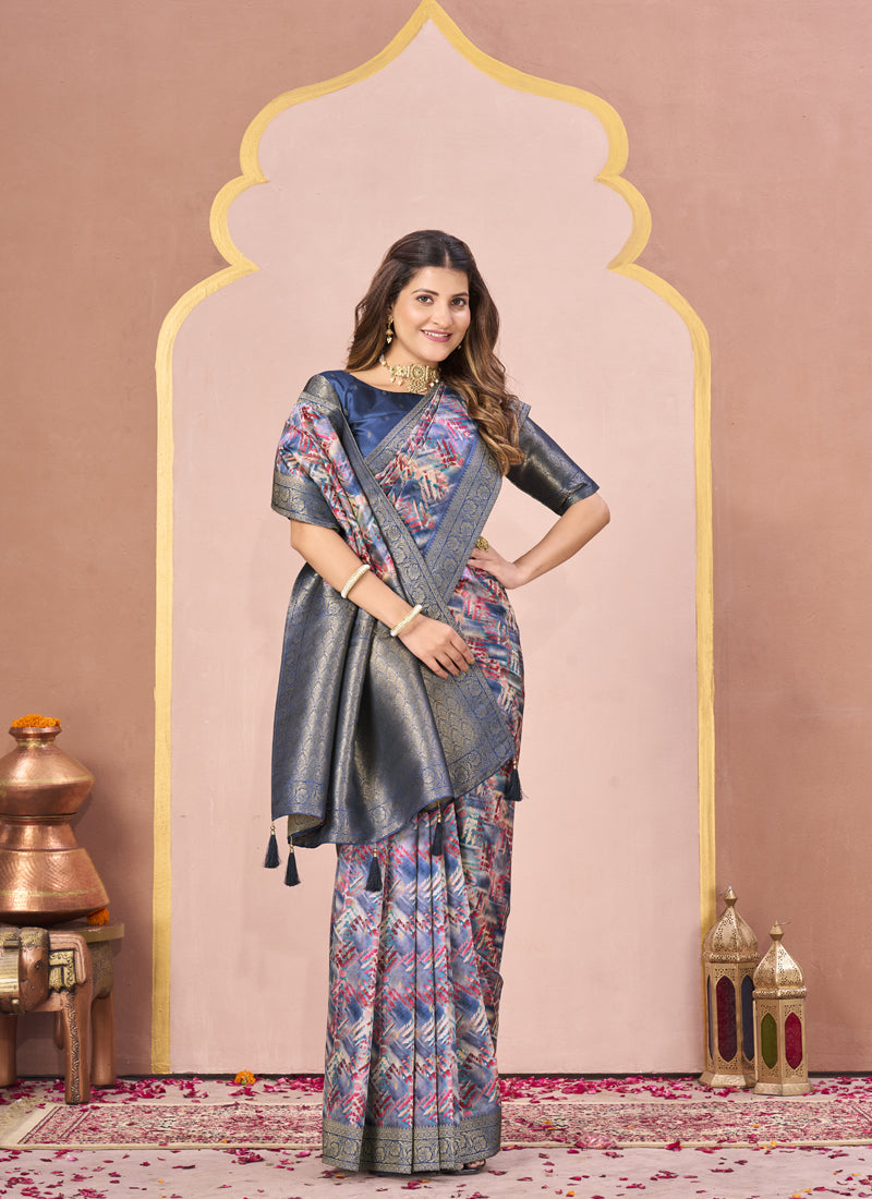 Blue Tussar Silk Jacquard Abstract Digital Print Saree with Unstitched Blouse