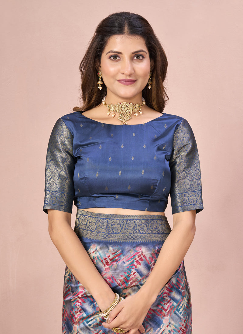 Blue Tussar Silk Jacquard Abstract Digital Print Saree with Unstitched Blouse