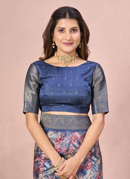 Blue Tussar Silk Jacquard Abstract Digital Print Saree with Unstitched Blouse