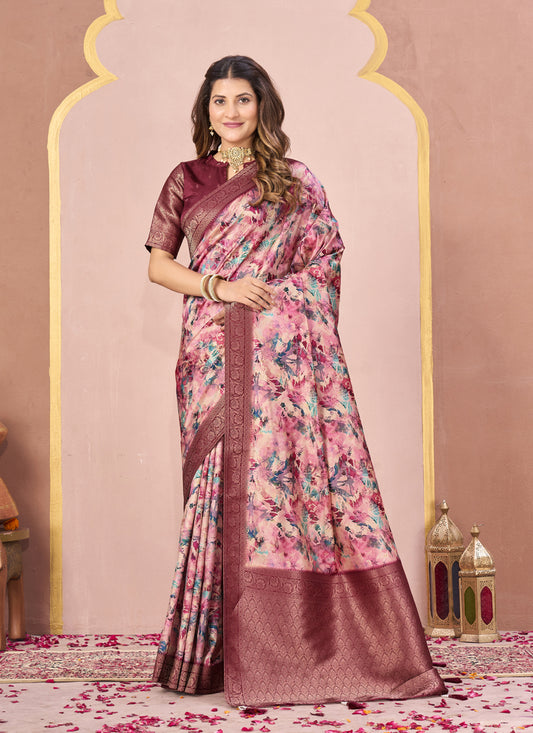 Maroon Tussar Silk Jacquard Abstract Digital Print Saree with Unstitched Blouse