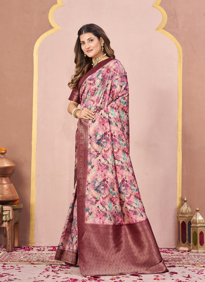 Maroon Tussar Silk Jacquard Abstract Digital Print Saree with Unstitched Blouse