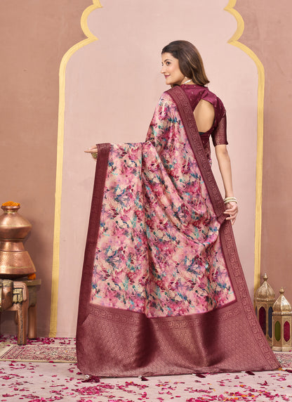 Maroon Tussar Silk Jacquard Abstract Digital Print Saree with Unstitched Blouse
