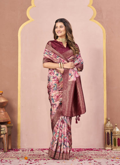 Maroon Tussar Silk Jacquard Abstract Digital Print Saree with Unstitched Blouse