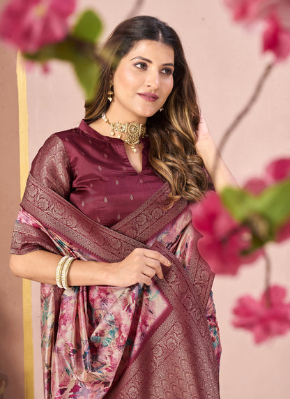 Maroon Tussar Silk Jacquard Abstract Digital Print Saree with Unstitched Blouse
