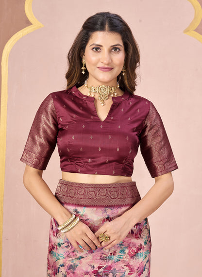 Maroon Tussar Silk Jacquard Abstract Digital Print Saree with Unstitched Blouse