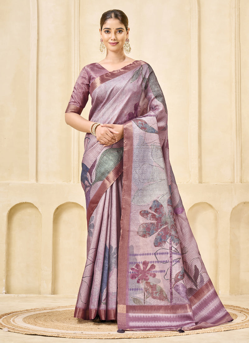 Mauve Signora Zari Silk Floral Digital Printed Casual Wear Saree.
