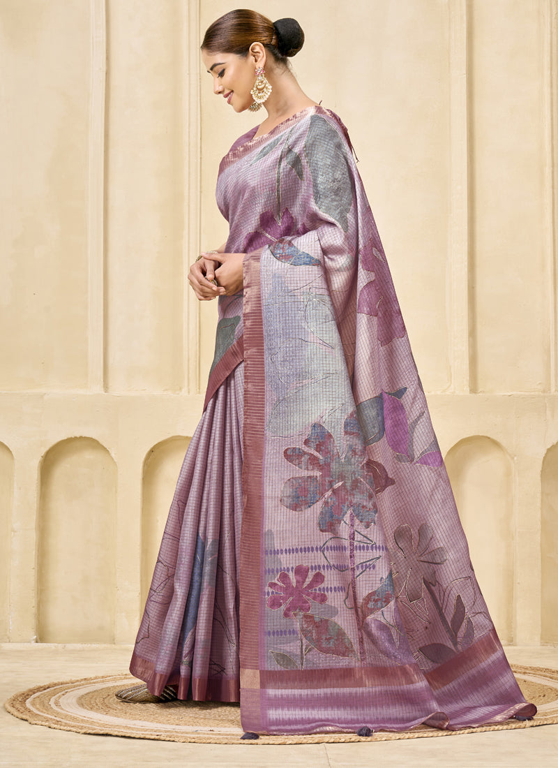Mauve Signora Zari Silk Floral Digital Printed Casual Wear Saree.