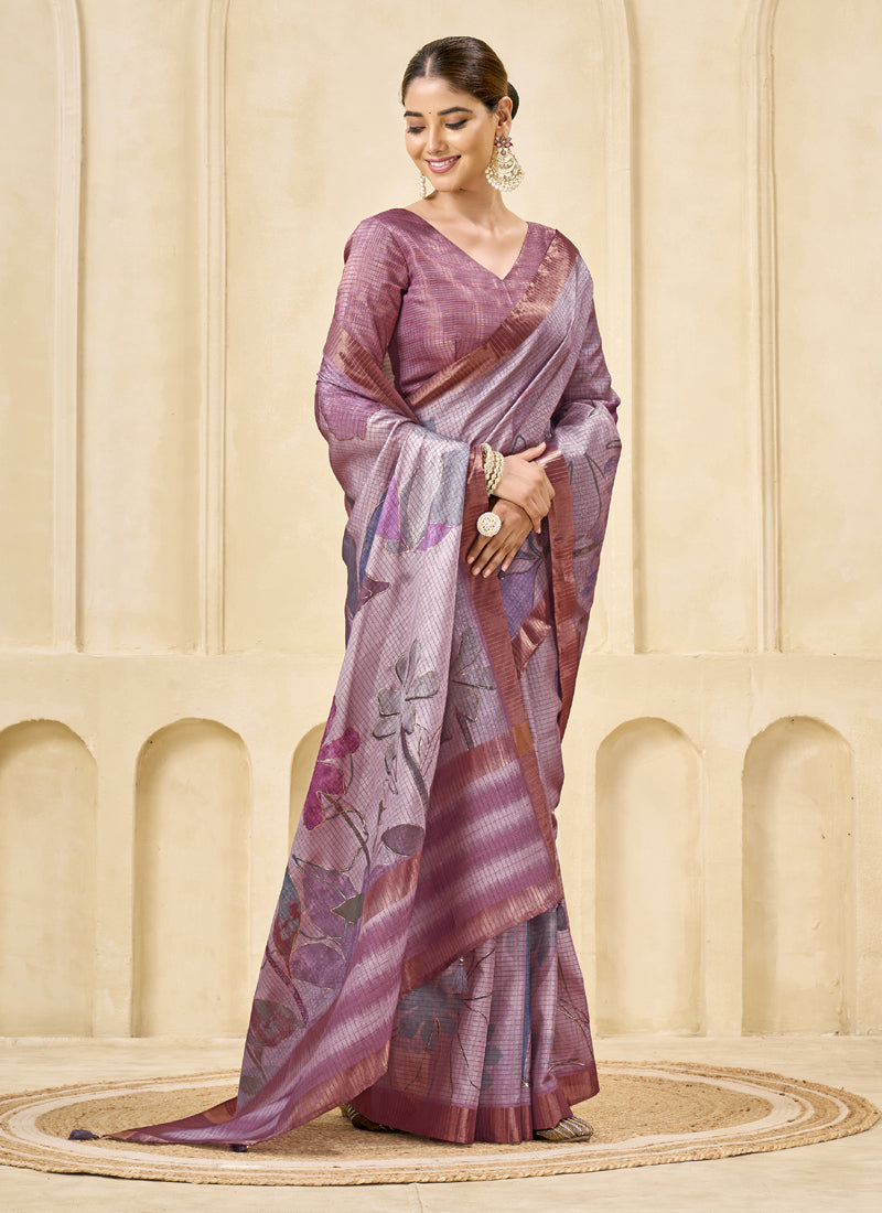 Mauve Signora Zari Silk Floral Digital Printed Casual Wear Saree.