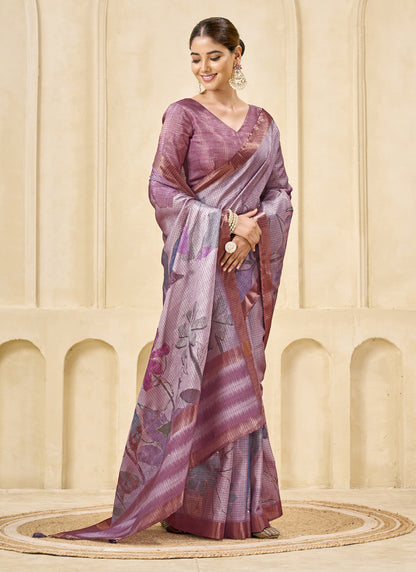 Mauve Signora Zari Silk Floral Digital Printed Casual Wear Saree.