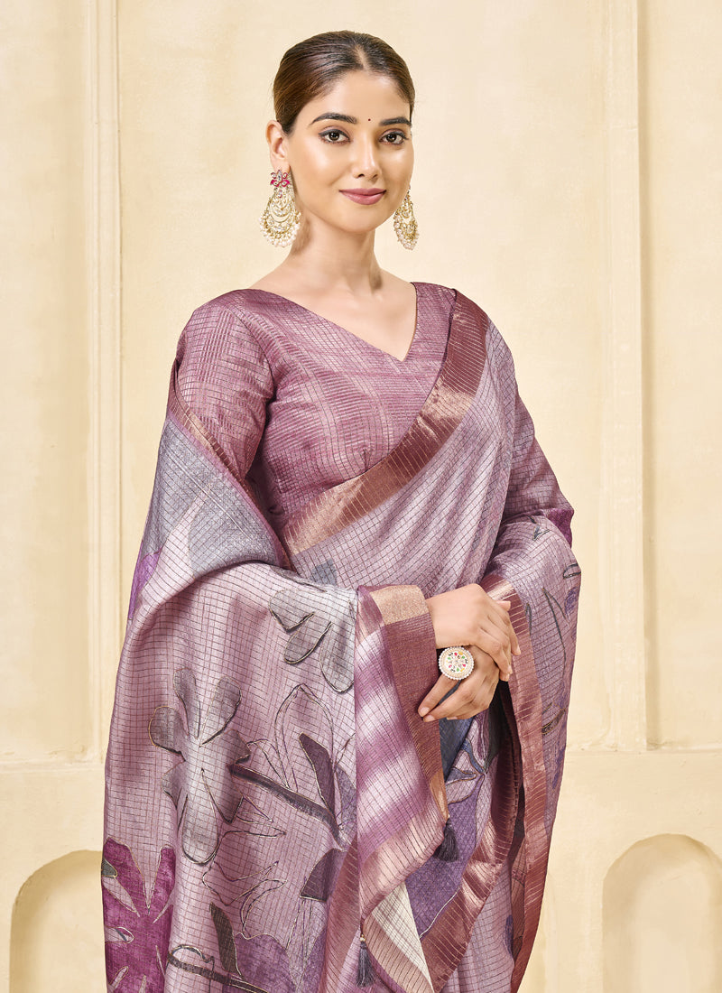 Mauve Signora Zari Silk Floral Digital Printed Casual Wear Saree.