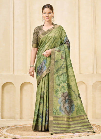 Green Signora Zari Silk Floral Digital Printed Casual Wear Saree.
