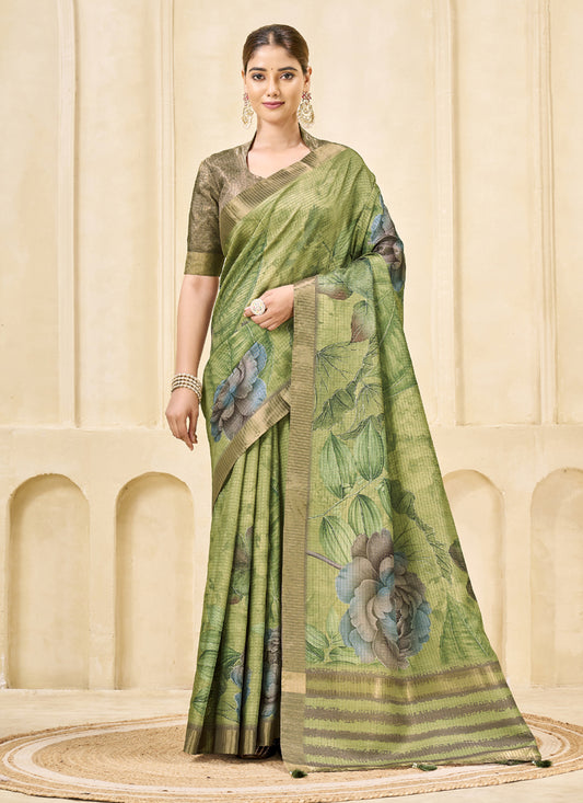 Green Signora Zari Silk Floral Digital Printed Casual Wear Saree.