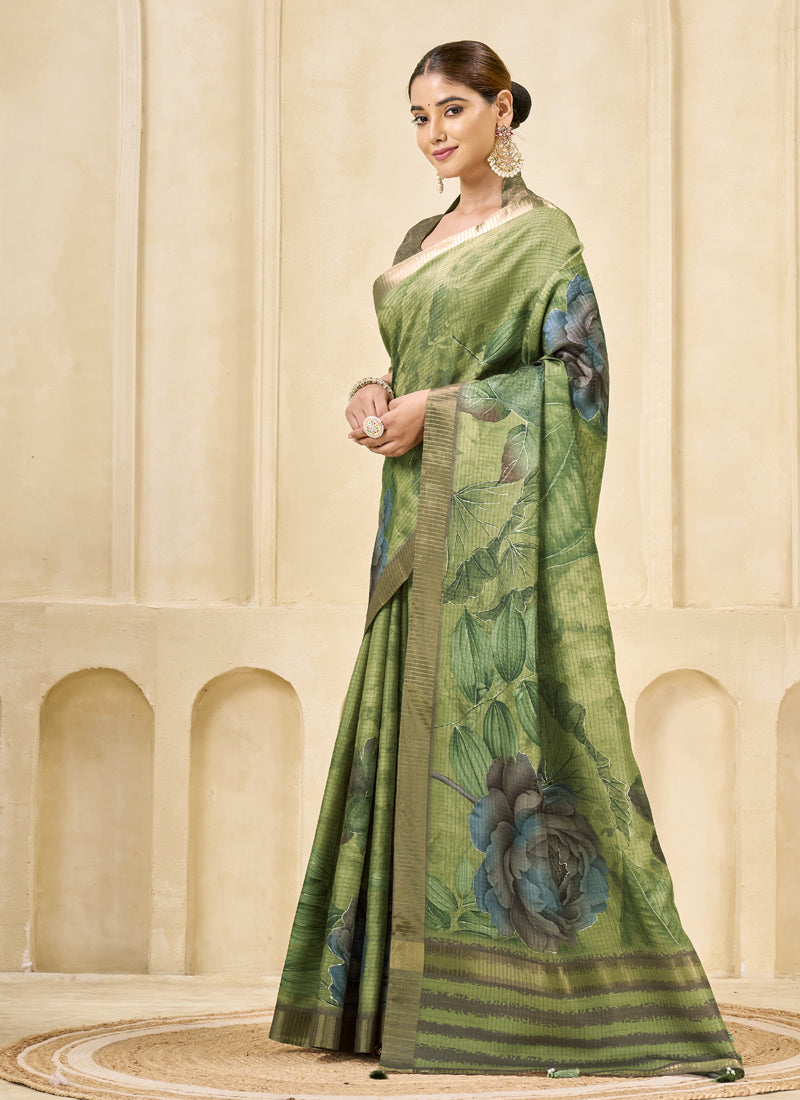 Green Signora Zari Silk Floral Digital Printed Casual Wear Saree.