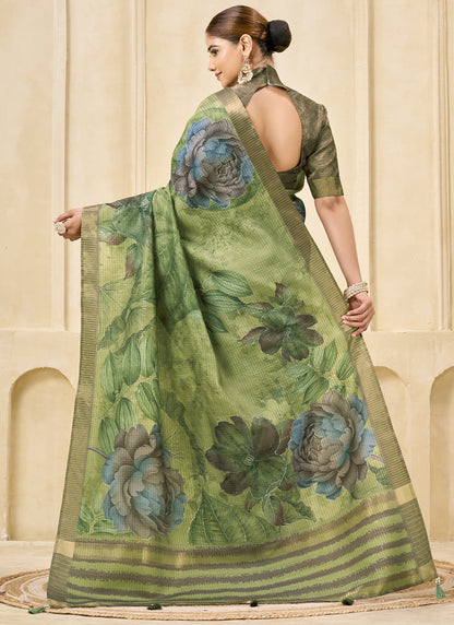 Green Signora Zari Silk Floral Digital Printed Casual Wear Saree.