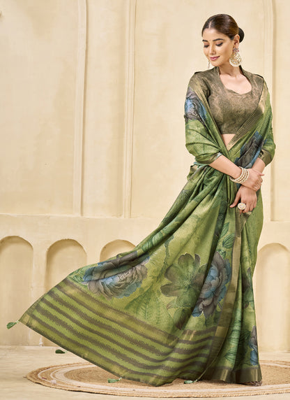 Green Signora Zari Silk Floral Digital Printed Casual Wear Saree.