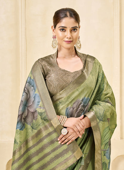 Green Signora Zari Silk Floral Digital Printed Casual Wear Saree.