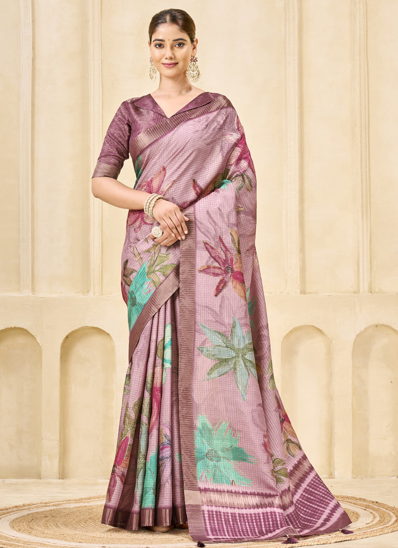 Onion Pink Signora Zari Silk Floral Digital Printed Casual Wear Saree.