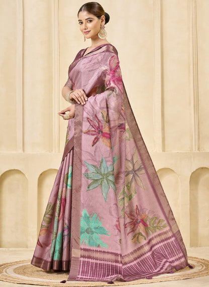 Onion Pink Signora Zari Silk Floral Digital Printed Casual Wear Saree.