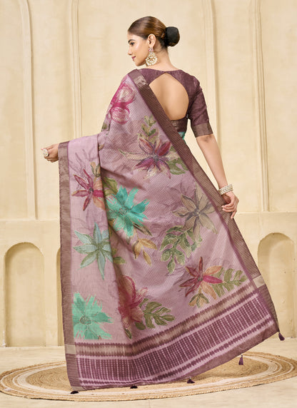 Onion Pink Signora Zari Silk Floral Digital Printed Casual Wear Saree.