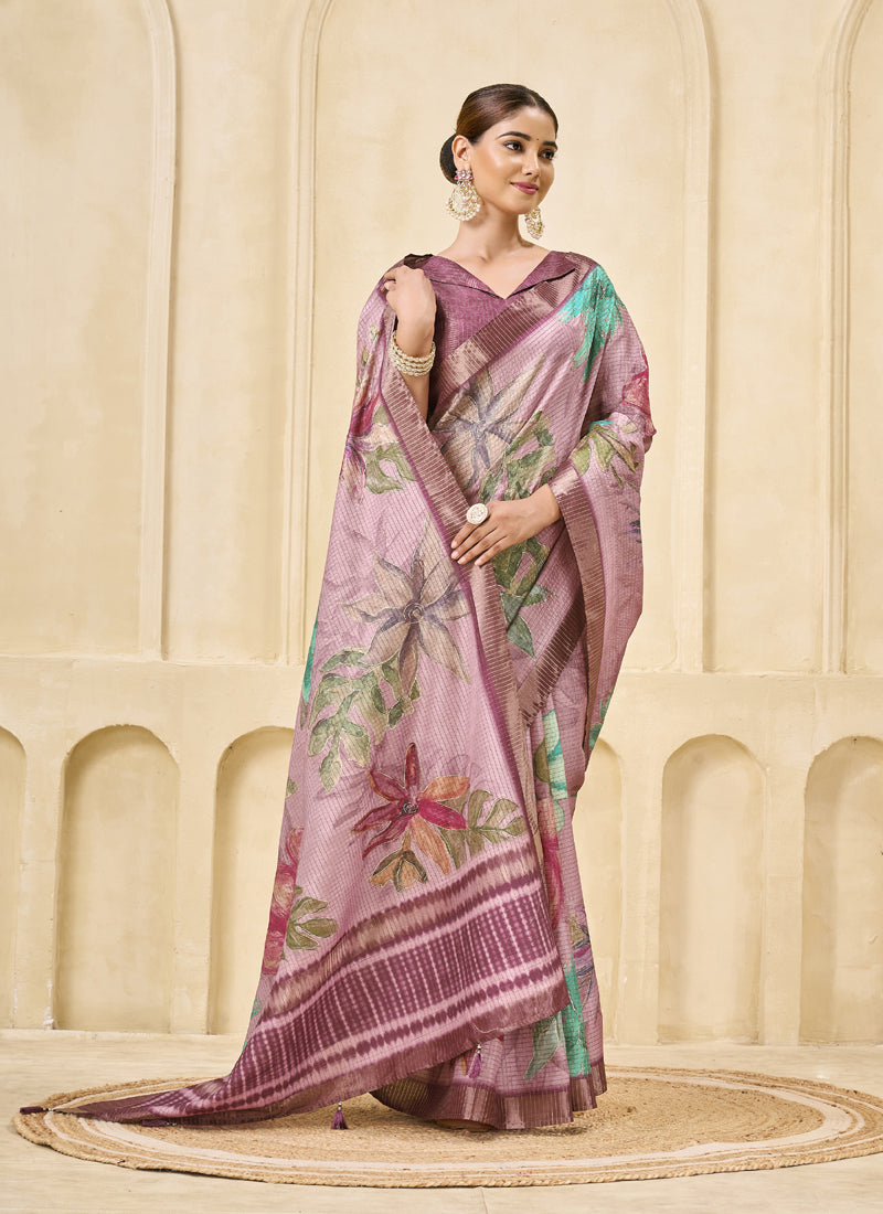 Onion Pink Signora Zari Silk Floral Digital Printed Casual Wear Saree.
