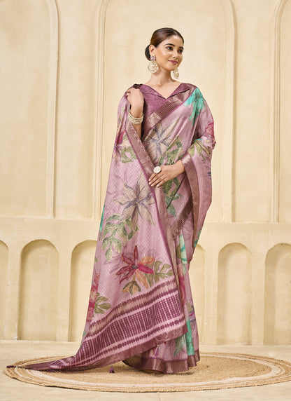 Onion Pink Signora Zari Silk Floral Digital Printed Casual Wear Saree.