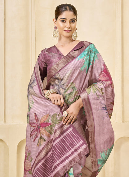 Onion Pink Signora Zari Silk Floral Digital Printed Casual Wear Saree.