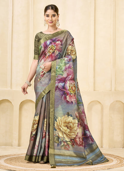 Gray Pink Signora Zari Silk Floral Digital Printed Casual Wear Saree.
