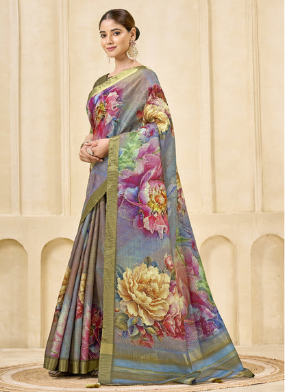 Gray Pink Signora Zari Silk Floral Digital Printed Casual Wear Saree.