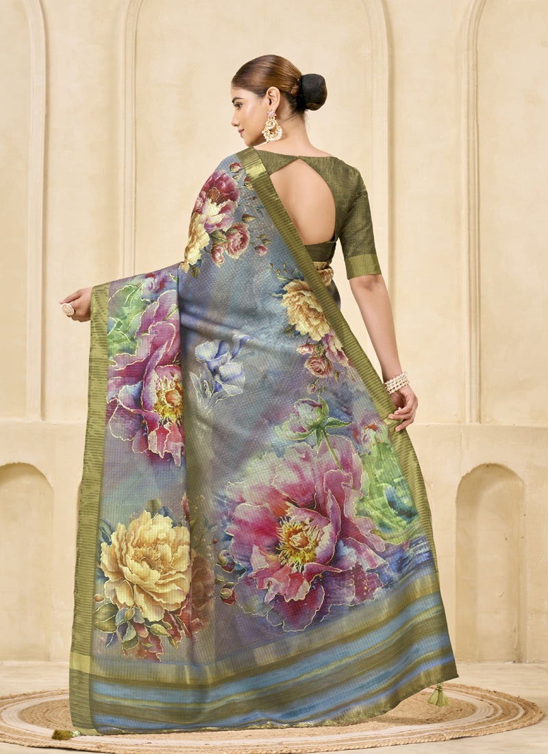 Gray Pink Signora Zari Silk Floral Digital Printed Casual Wear Saree.