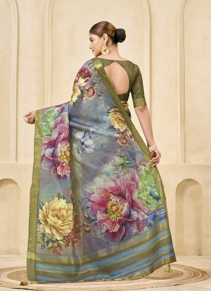 Gray Pink Signora Zari Silk Floral Digital Printed Casual Wear Saree.