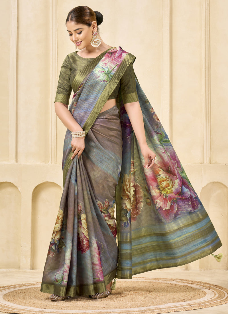 Gray Pink Signora Zari Silk Floral Digital Printed Casual Wear Saree.