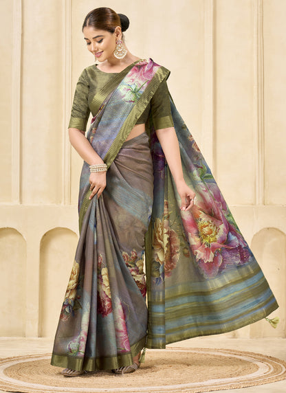 Gray Pink Signora Zari Silk Floral Digital Printed Casual Wear Saree.
