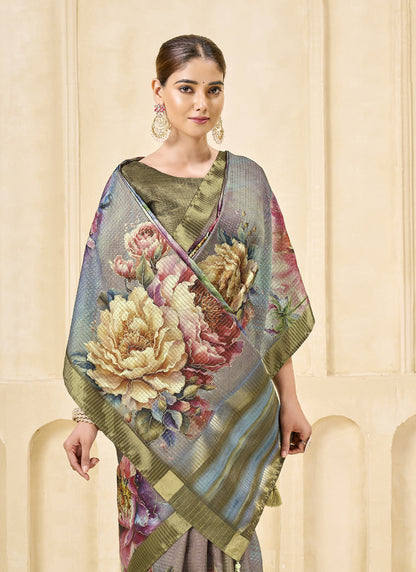 Gray Pink Signora Zari Silk Floral Digital Printed Casual Wear Saree.