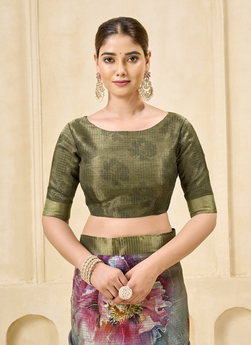 Gray Pink Signora Zari Silk Floral Digital Printed Casual Wear Saree.