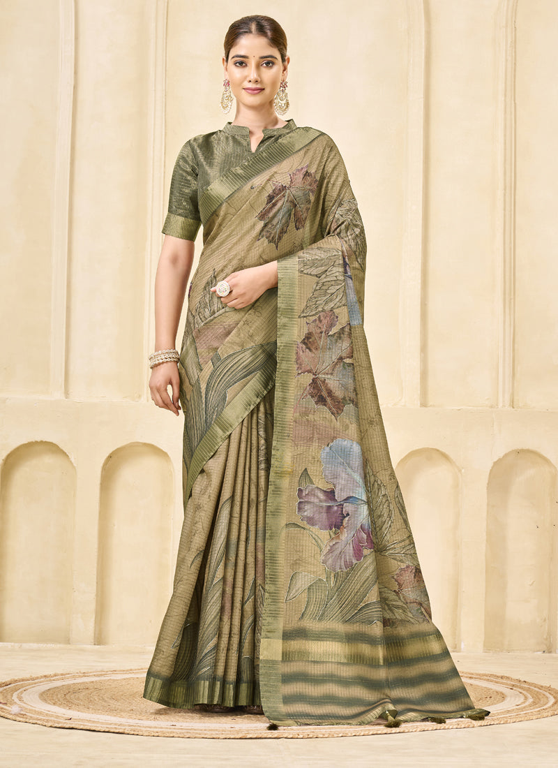 Chiku Signora Zari Silk Printed Casual Wear Saree.