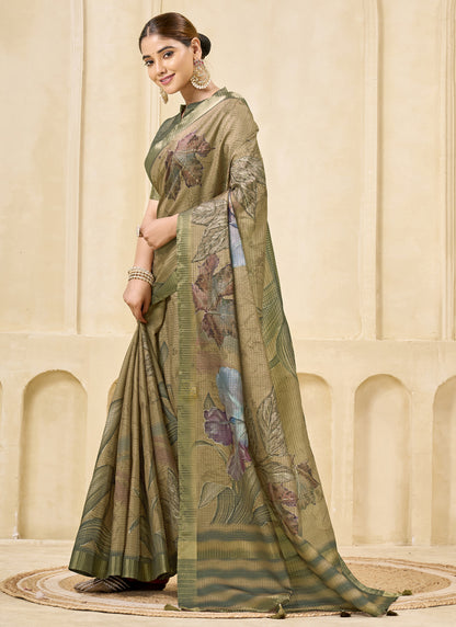 Chiku Signora Zari Silk Printed Casual Wear Saree.