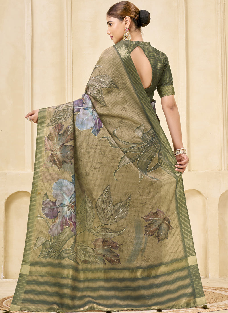 Chiku Signora Zari Silk Printed Casual Wear Saree.