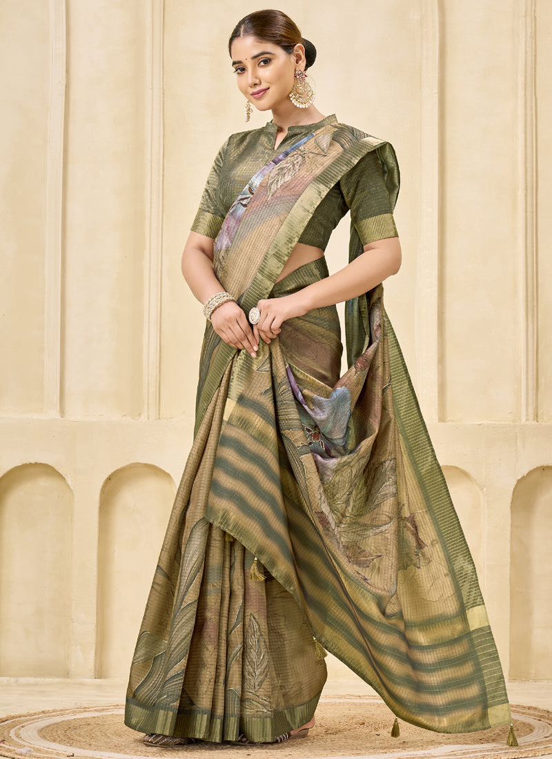 Chiku Signora Zari Silk Printed Casual Wear Saree.